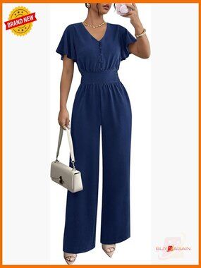 Ruffle Sleeve V Neck Wide Leg Jumpsuit Dressy Summer Romper